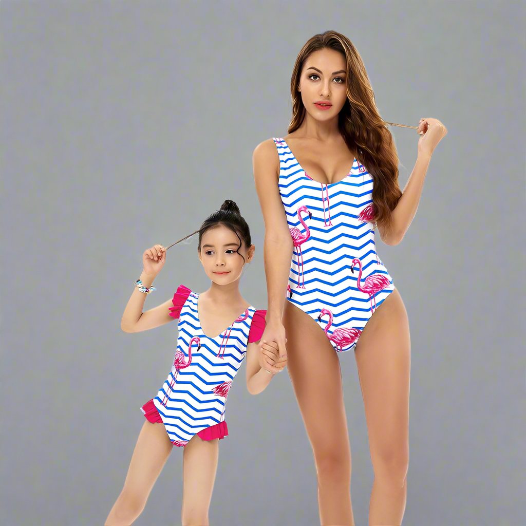 Nautical Charm Flamingo Print One-Piece Swimsuits for Mother & Daughter-dresslikemommy.com