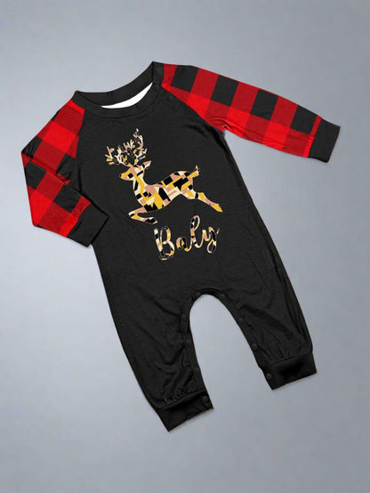 Family Matching Christmas Pajama Set - Red Buffalo Plaid with Reindeer Print in Black & Gold for Cozy Holiday Nights