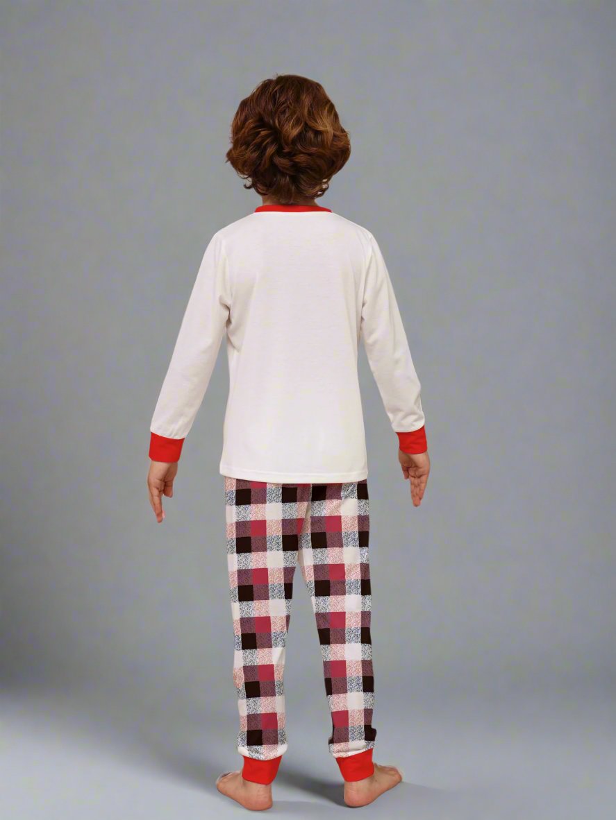 Family Matching Christmas Pajama Set - Plaid Pants with Adorable Reindeer Print in White & Red