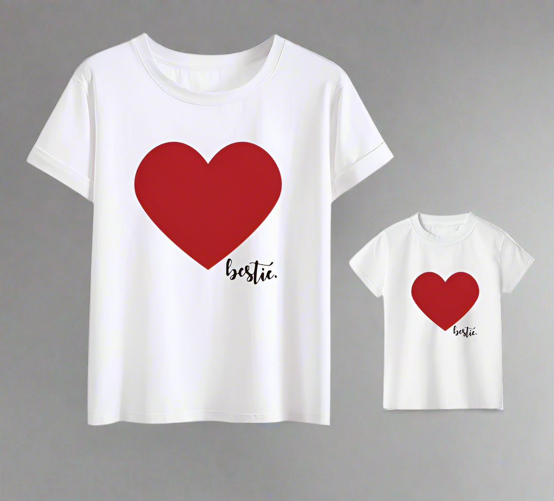 Family Matching "Bestie" Heart T-Shirt Set - Available in Red, White, and Black