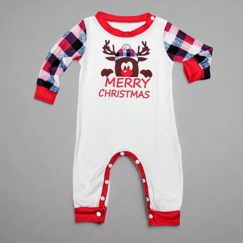 Family Matching Christmas Pajama Set - Plaid Pants with Adorable Reindeer Print in White & Red