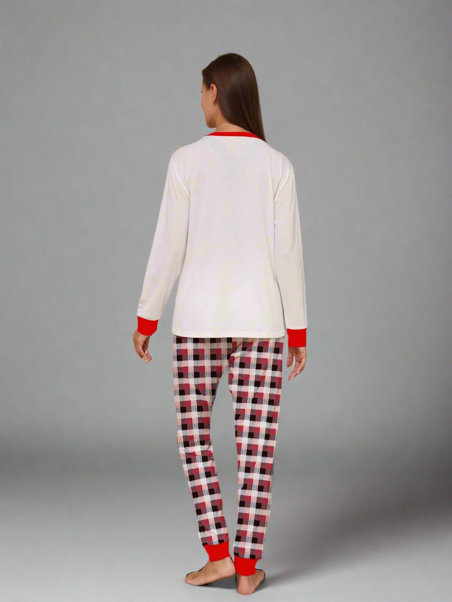 Family Matching Christmas Pajama Set - Plaid Pants with Adorable Reindeer Print in White & Red