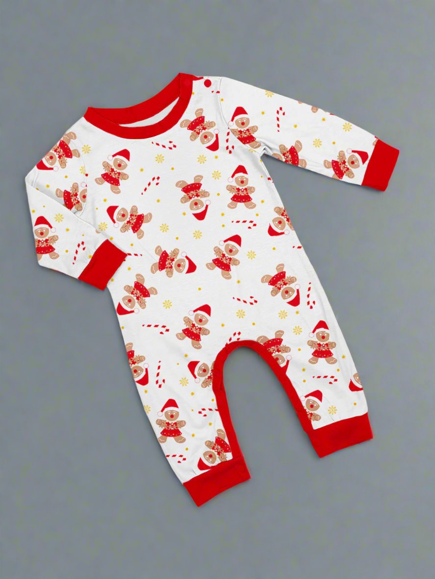 Matching family Christmas pajamas with playful Santa and reindeer print, perfect for holiday fun