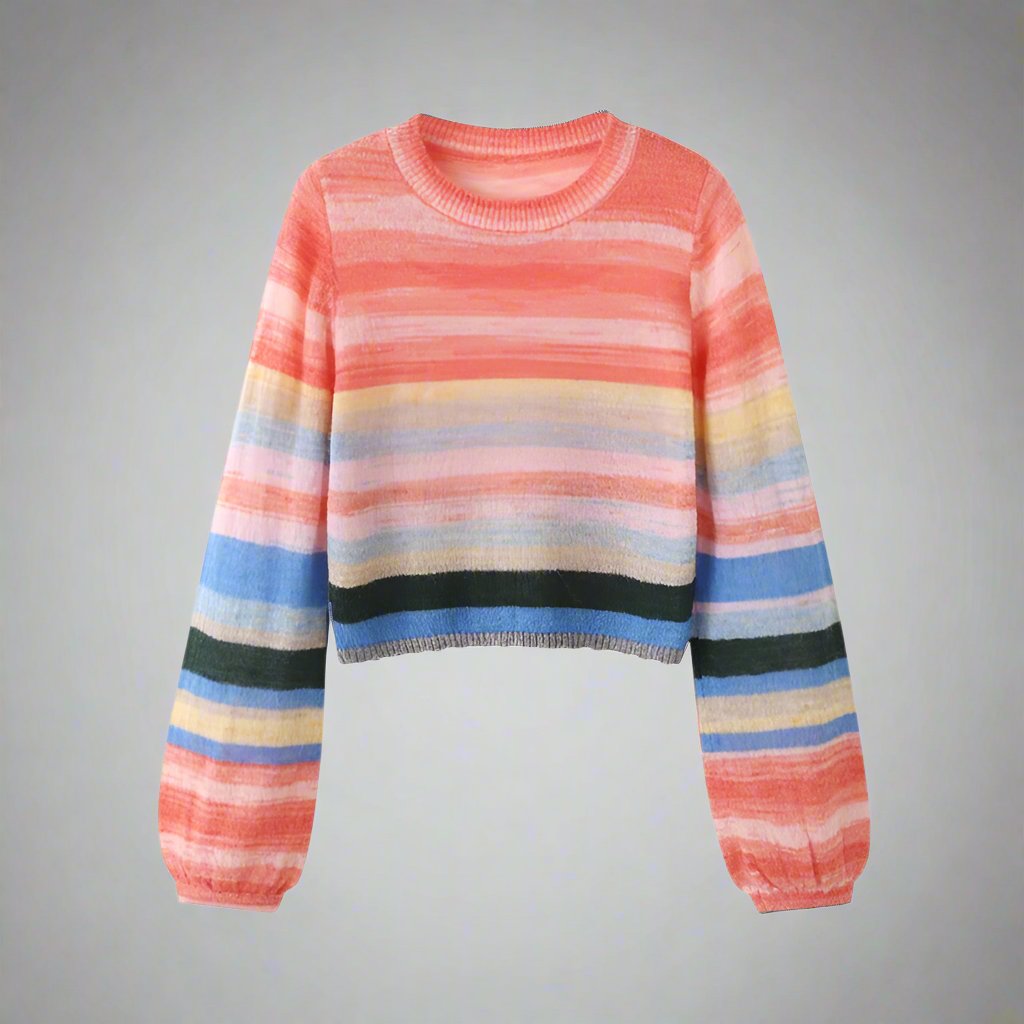 Soft knit family sweater set in pastel rainbow stripes for casual wear