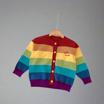 Rainbow striped family sweaters for cheerful matching outfits