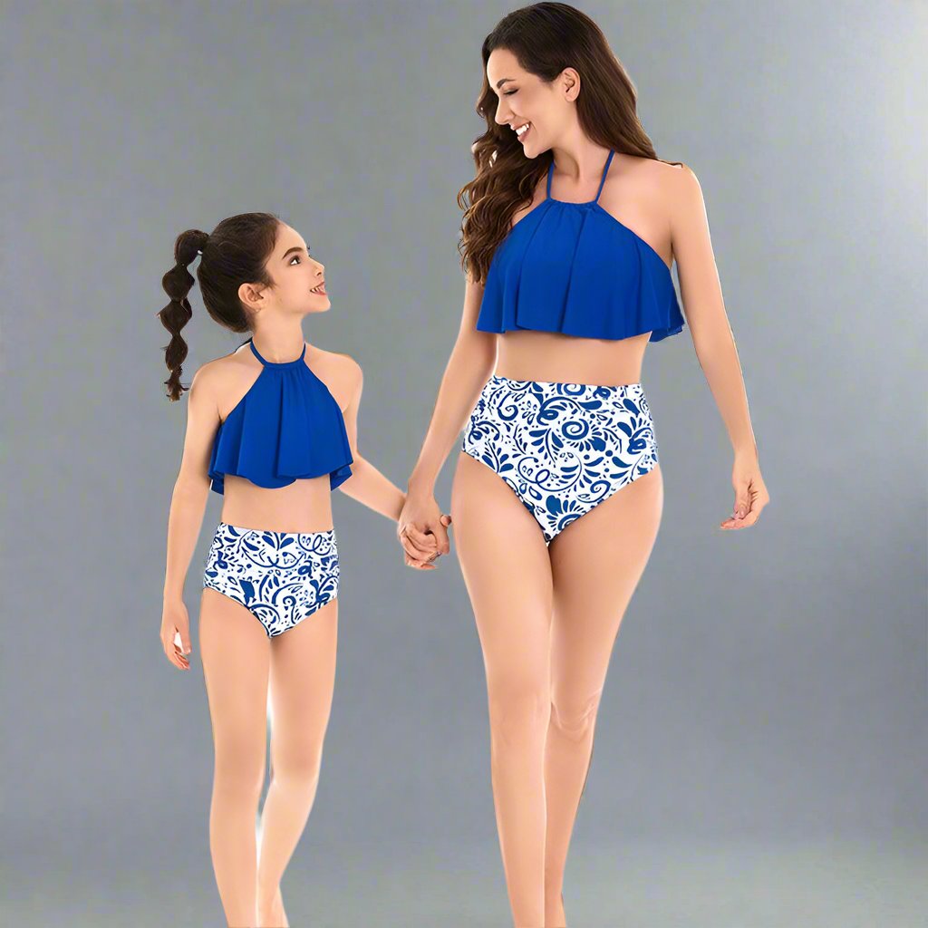 Royal Blue High-Neck Halter Swimsuit Set with Paisley Print Bottoms - Elegant Family Beachwear-dresslikemommy.com