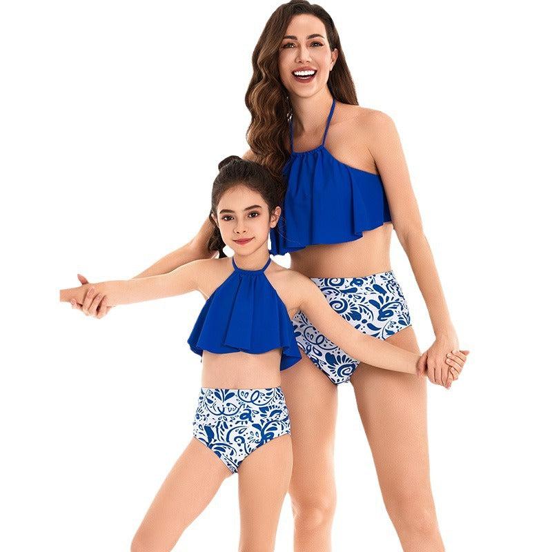 Royal Blue High-Neck Halter Swimsuit Set with Paisley Print Bottoms - Elegant Family Beachwear-dresslikemommy.com