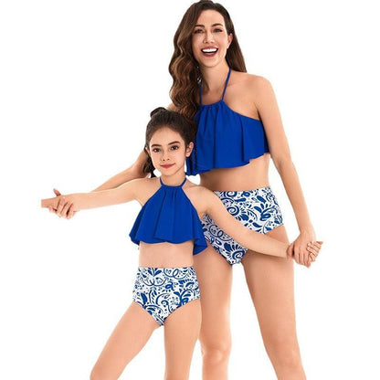 Royal Blue High-Neck Halter Swimsuit Set with Paisley Print Bottoms - Elegant Family Beachwear-dresslikemommy.com