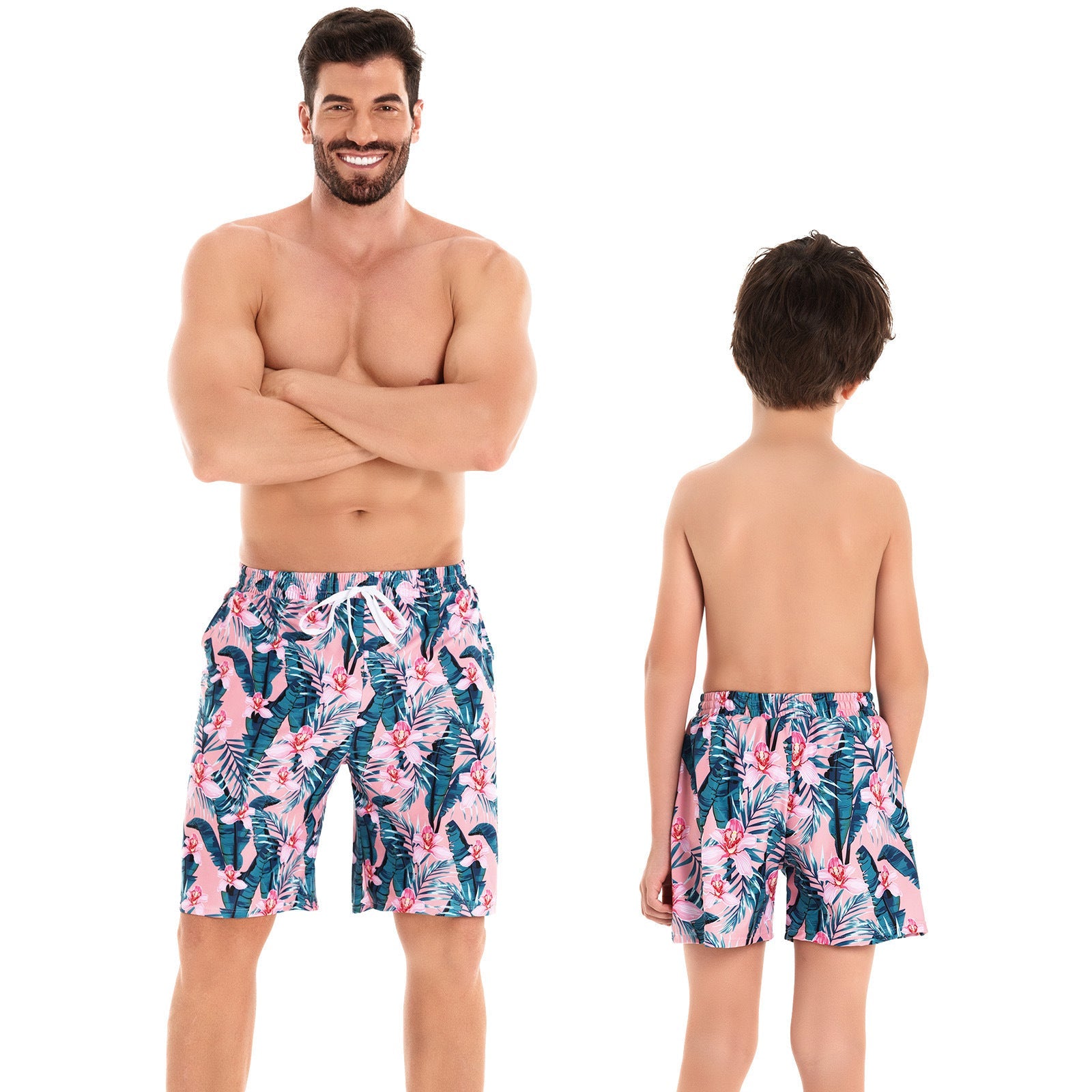 Tropical Flair Father and Son Matching Swim Trunks Flamingo and Foliage Print-dresslikemommy.com