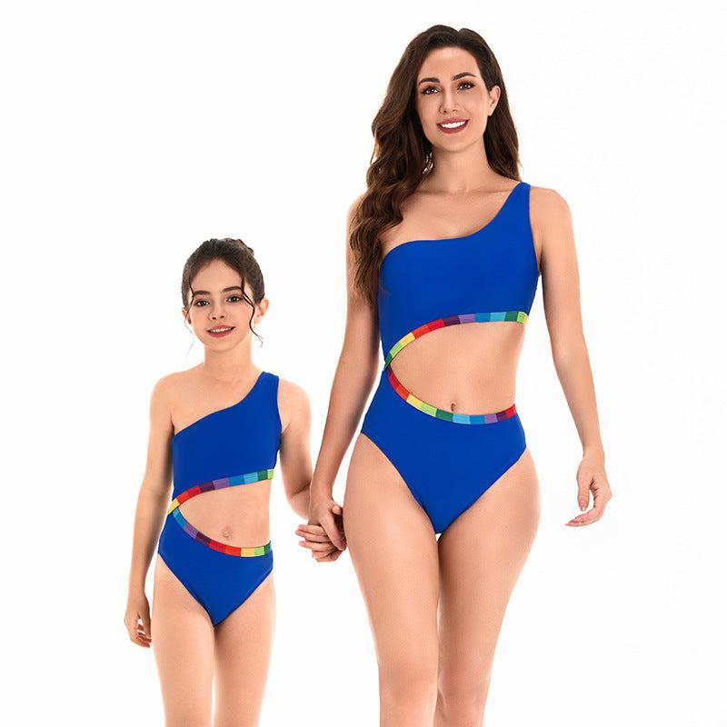 Vibrant One-Shoulder Rainbow Trim Swimsuit Set - Chic Monochrome Blue with Colorful Accents for Mother & Daughter-dresslikemommy.com