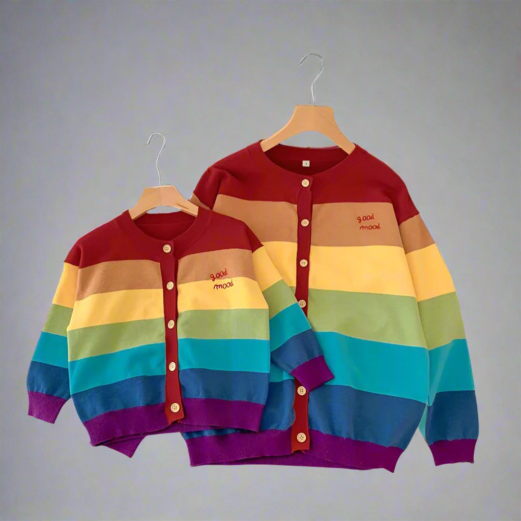 Colorful family matching pullover and cardigan sweater set