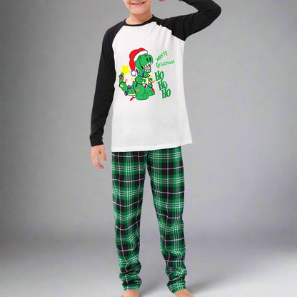 Family Matching "Merry Grinchmas" Dinosaur Christmas Pajamas - Fun Holiday Set with Green Plaid Pants