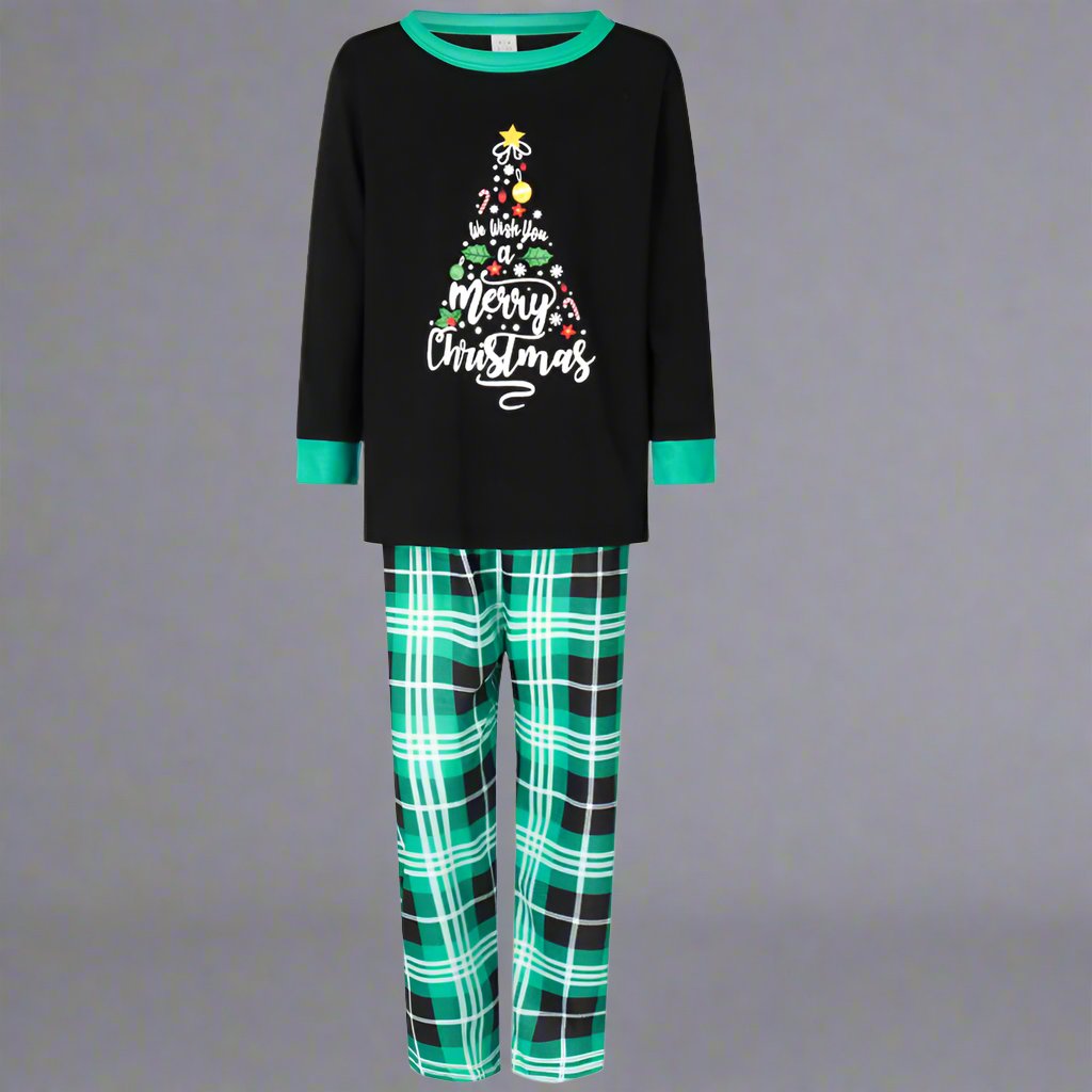 Family Matching "Merry Christmas" Tree Pajamas - Black & Green Plaid Holiday Pajama Set for Kids, Adults & Infants