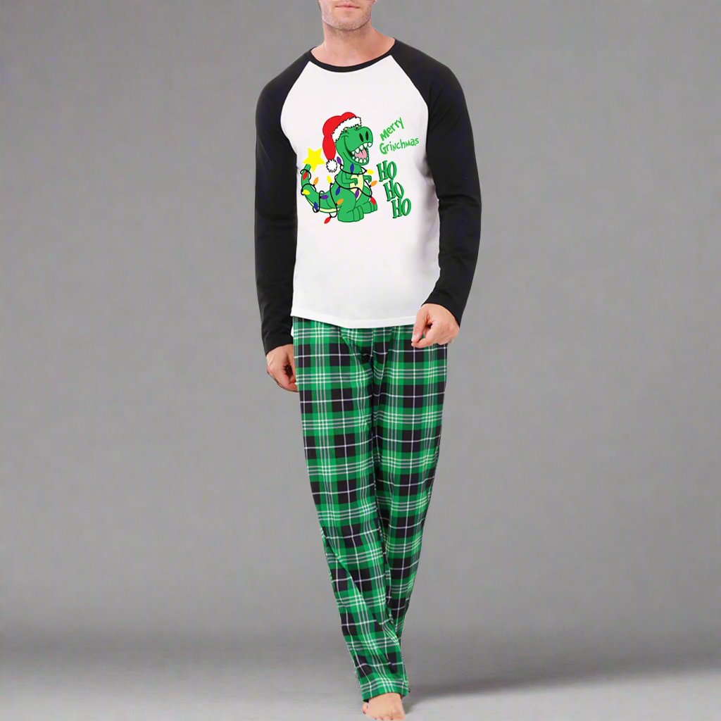 Family Matching "Merry Grinchmas" Dinosaur Christmas Pajamas - Fun Holiday Set with Green Plaid Pants