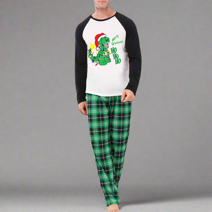 Family Matching "Merry Grinchmas" Dinosaur Christmas Pajamas - Fun Holiday Set with Green Plaid Pants