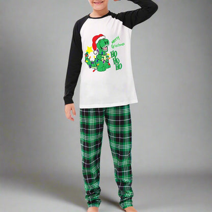 Family Matching "Merry Grinchmas" Dinosaur Christmas Pajamas - Fun Holiday Set with Green Plaid Pants