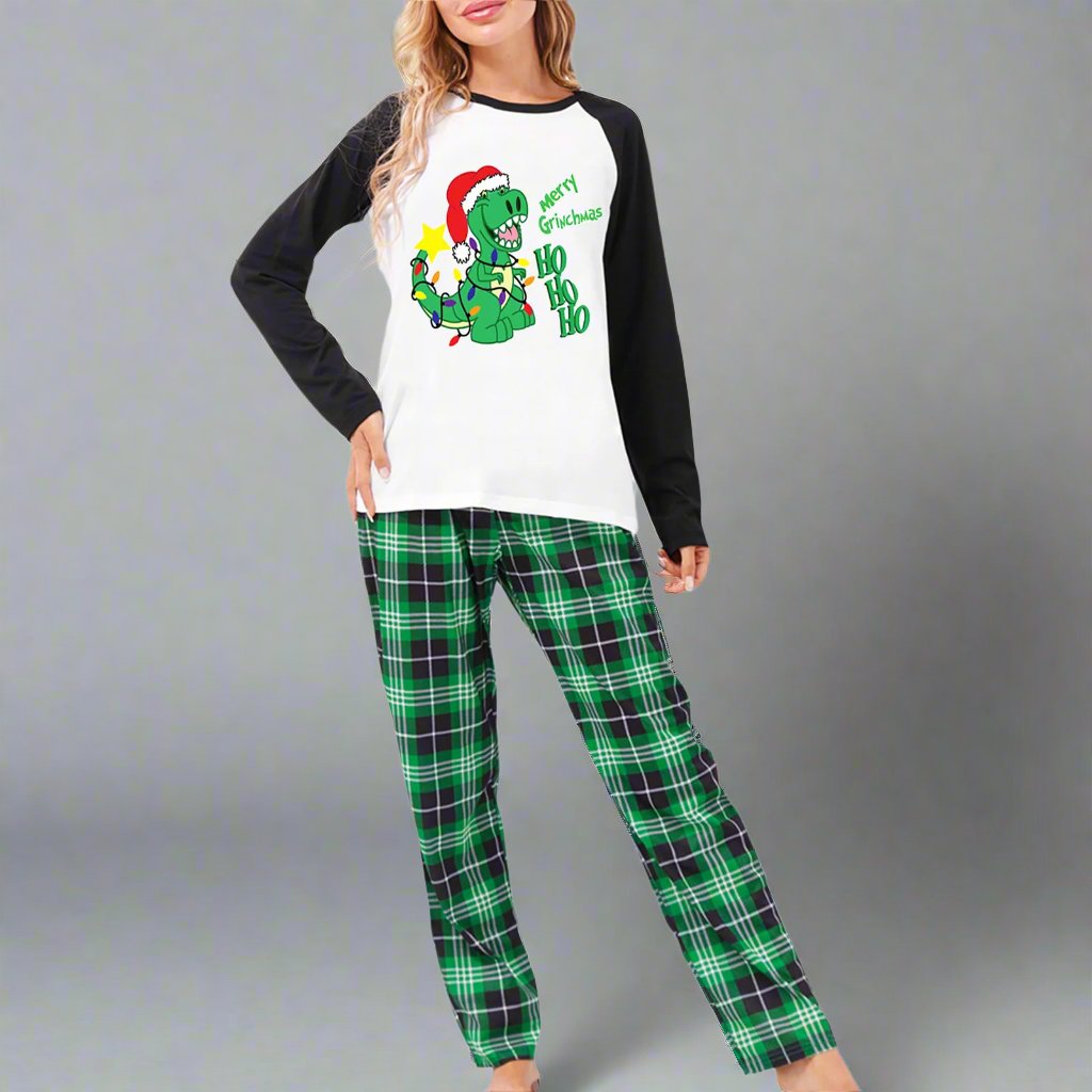 Family Matching "Merry Grinchmas" Dinosaur Christmas Pajamas - Fun Holiday Set with Green Plaid Pants