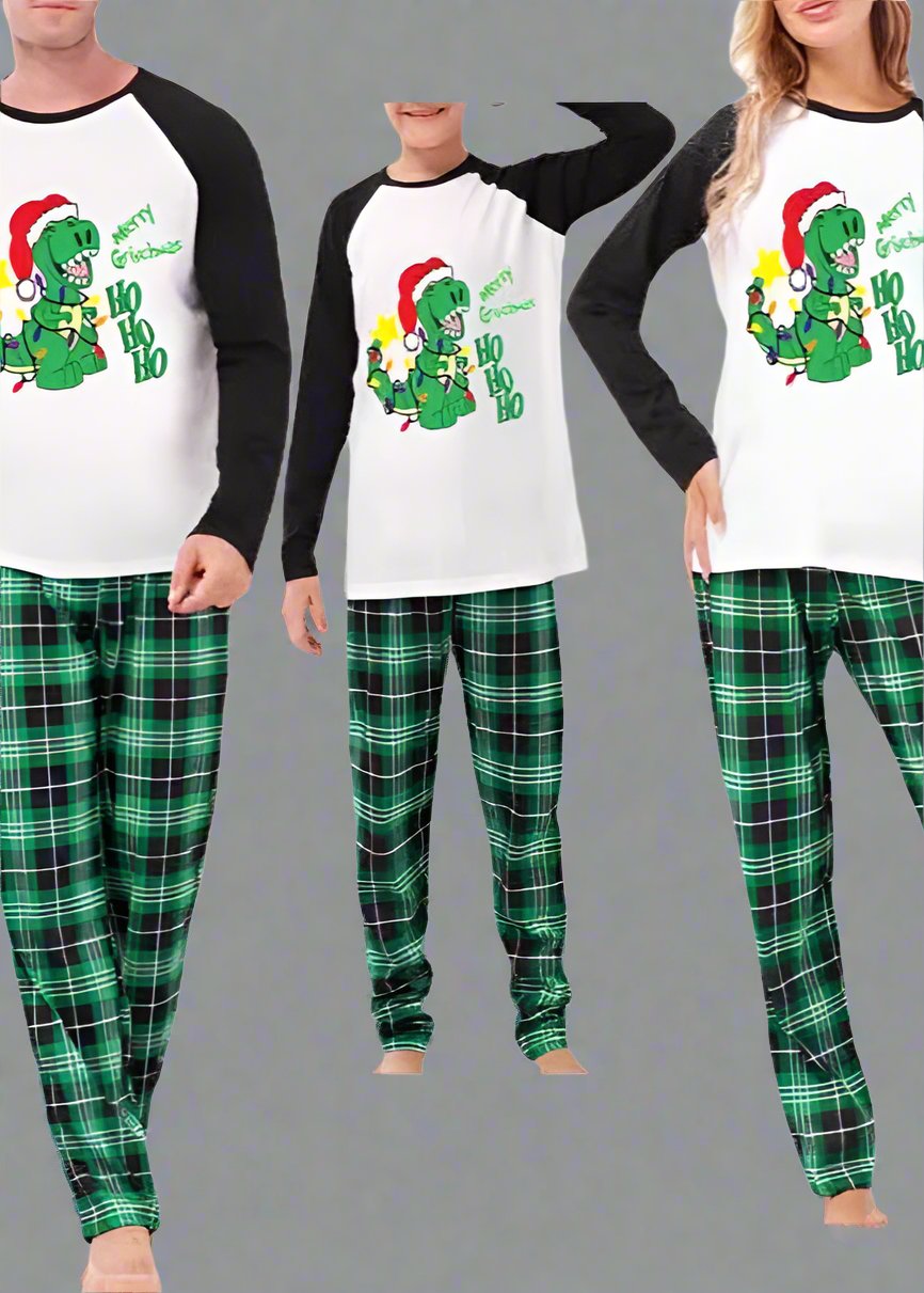 Family Matching "Merry Grinchmas" Dinosaur Christmas Pajamas - Fun Holiday Set with Green Plaid Pants