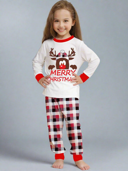 Family Matching Christmas Pajama Set - Plaid Pants with Adorable Reindeer Print in White & Red