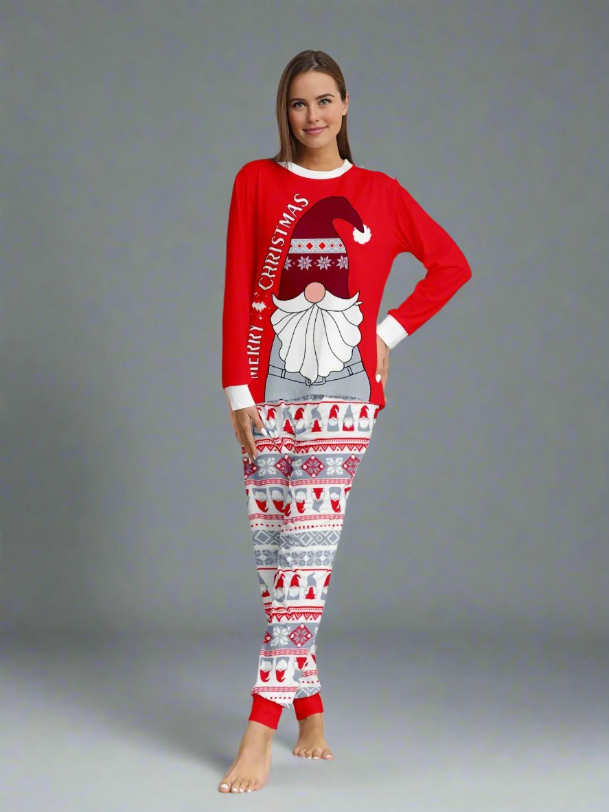 Family Matching Christmas Pajama Set - Festive Santa Gnome Print in Red and Grey with Cozy Nordic Pattern Pants