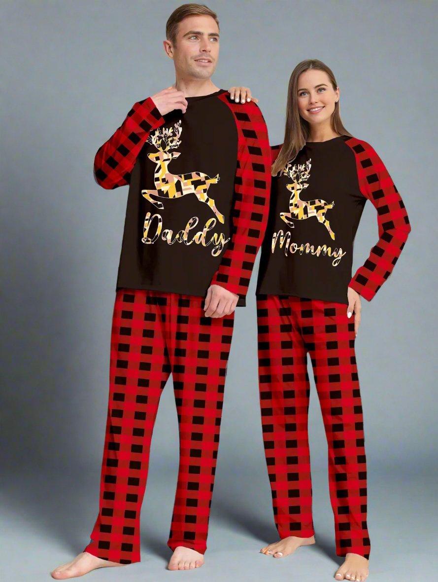 Family Matching Christmas Pajama Set - Red Buffalo Plaid with Reindeer Print in Black & Gold for Cozy Holiday Nights