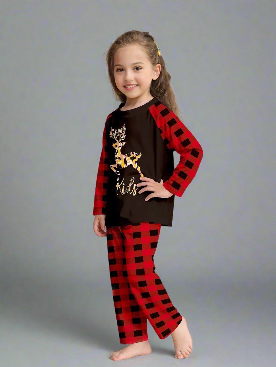 Family Matching Christmas Pajama Set - Red Buffalo Plaid with Reindeer Print in Black & Gold for Cozy Holiday Nights