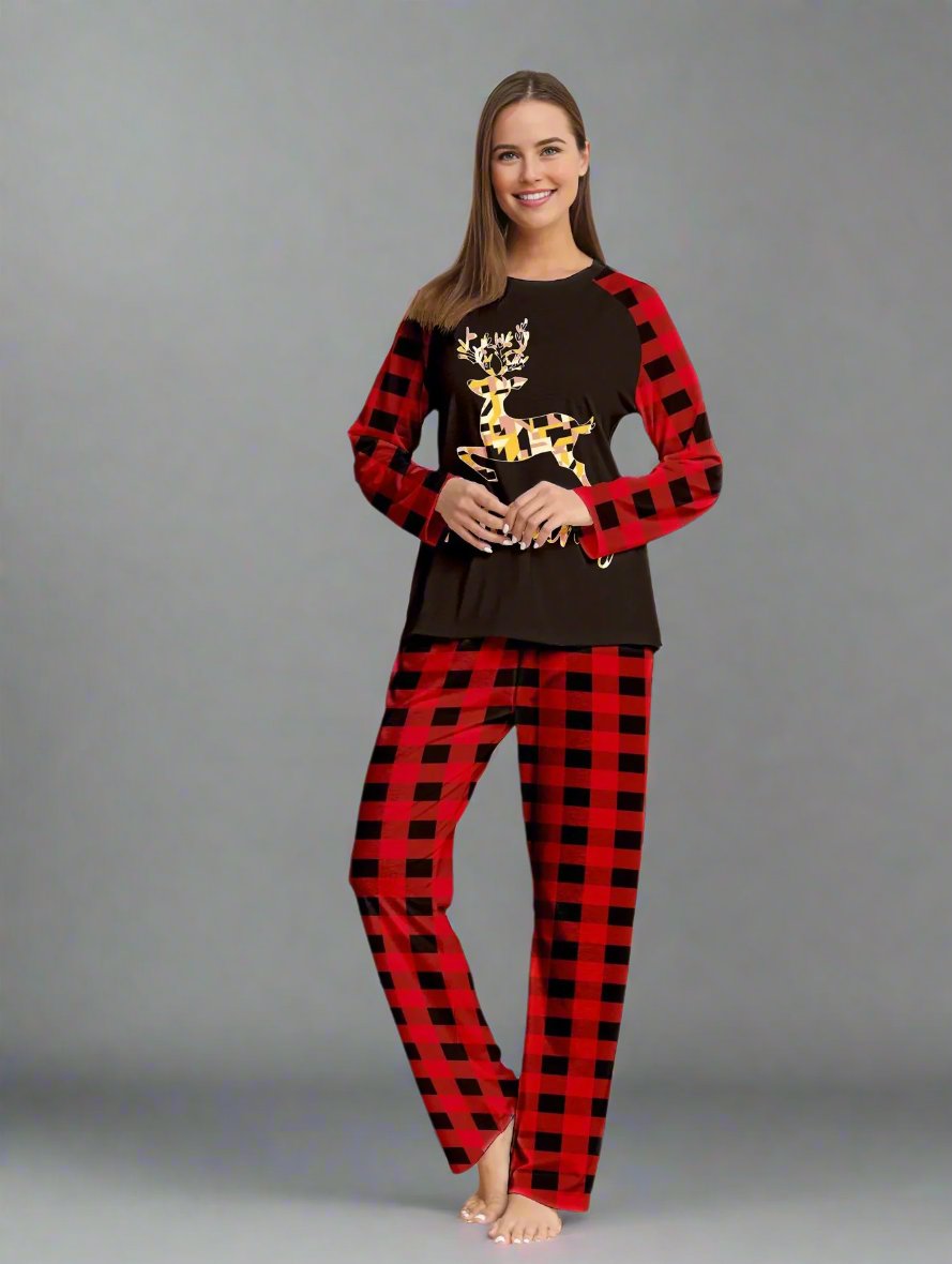 Family Matching Christmas Pajama Set - Red Buffalo Plaid with Reindeer Print in Black & Gold for Cozy Holiday Nights