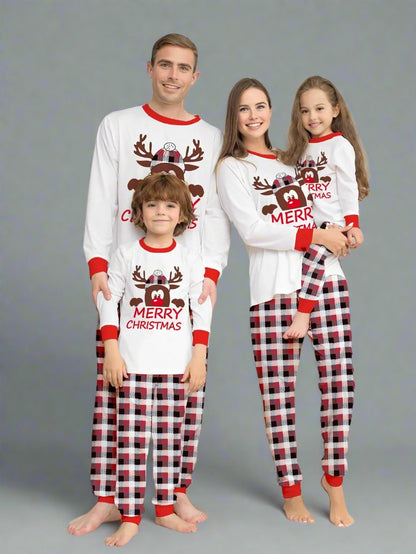 Family Matching Christmas Pajama Set - Plaid Pants with Adorable Reindeer Print in White & Red