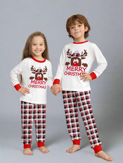 Family Matching Christmas Pajama Set - Plaid Pants with Adorable Reindeer Print in White & Red