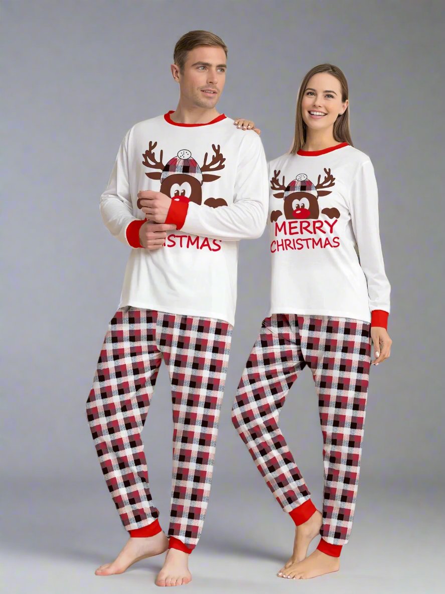 Family Matching Christmas Pajama Set - Plaid Pants with Adorable Reindeer Print in White & Red