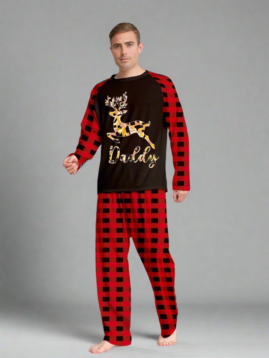 Family Matching Christmas Pajama Set - Red Buffalo Plaid with Reindeer Print in Black & Gold for Cozy Holiday Nights