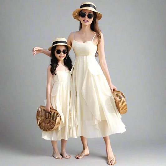 Mommy and daughter in matching white flowy dresses at the beach