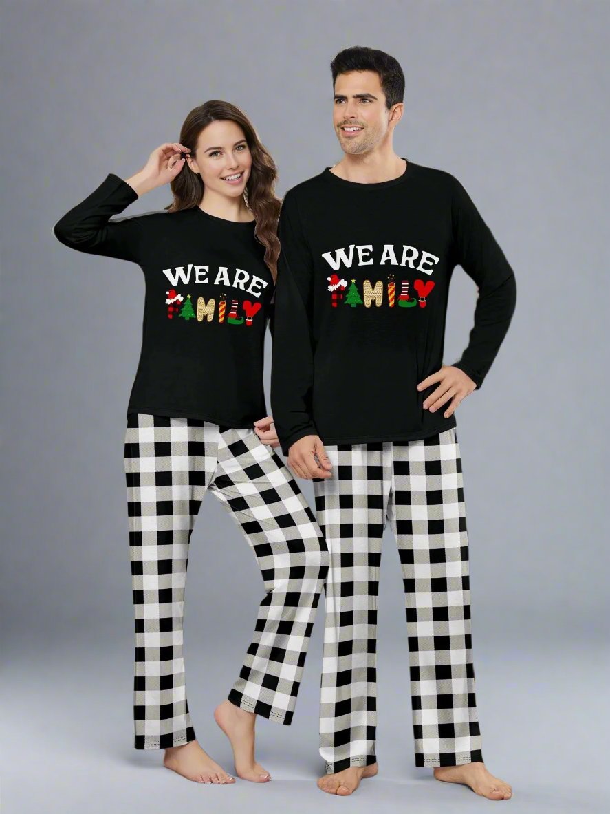 Black and white checkered holiday pajamas for families with festive 'We Are Family' prin