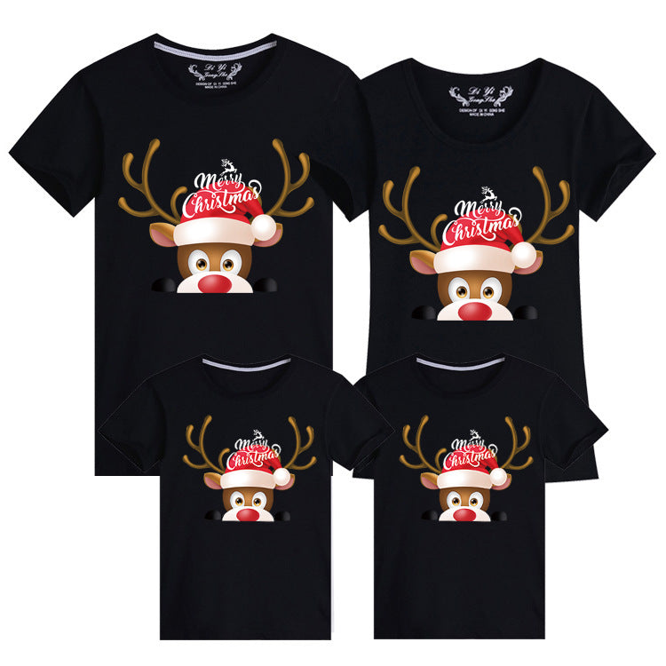 Black Christmas family t-shirts with a cheerful reindeer wearing a Santa hat and holiday text