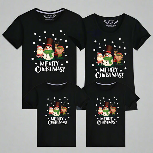 Black matching family t-shirts with Merry Christmas snowman, Santa, and elf design