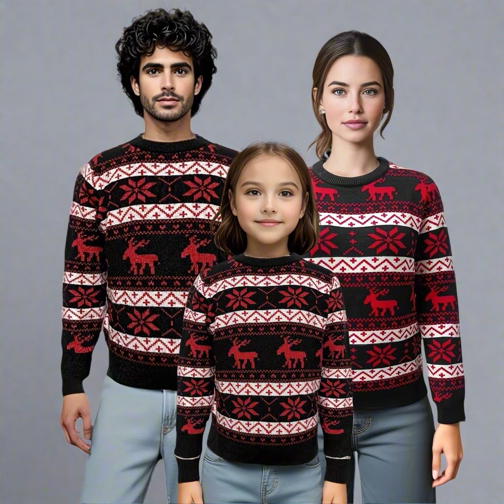 Family matching black and red Christmas sweaters with reindeer and snowflake patterns, perfect for the holidays