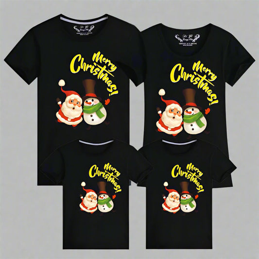 Black family Christmas t-shirts featuring Santa and snowman with Merry Christmas design