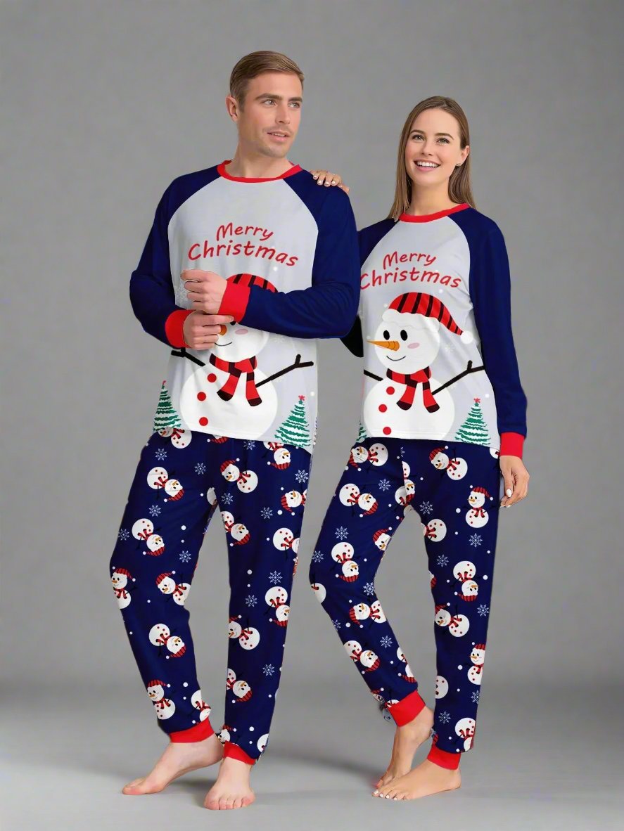 Festive family holiday pajamas in blue with snowman print and red cuffs