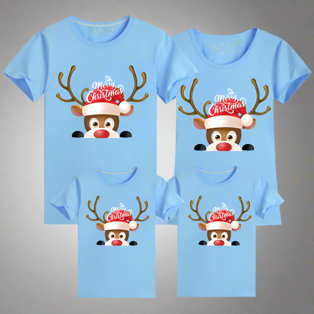 Blue Christmas matching family shirts featuring a cute reindeer with a Santa hat and 'Merry Christmas' text