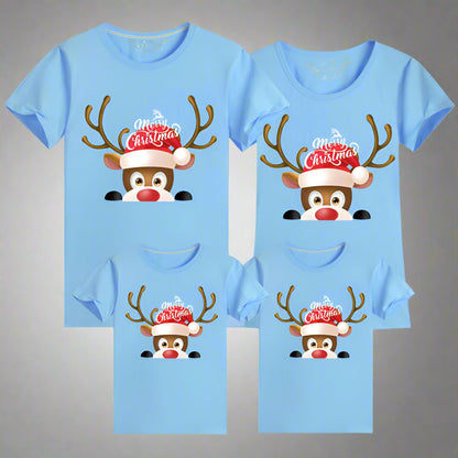 Blue Christmas matching family shirts featuring a cute reindeer with a Santa hat and 'Merry Christmas' text