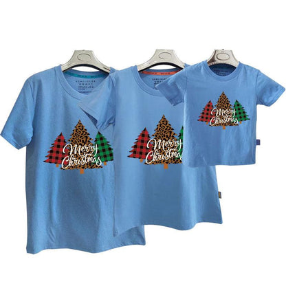 Blue family matching Christmas shirts featuring plaid and leopard print Christmas tree designs with 'Merry Christmas' text