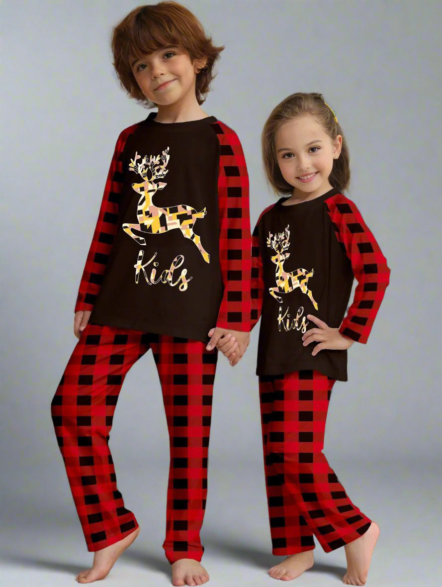 Matching holiday pajamas set with reindeer print and buffalo plaid design for the whole family