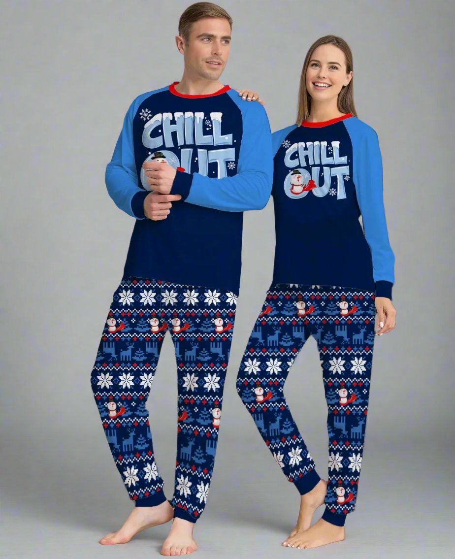 Festive family pajamas with 'Chill Out' snowman design in blue, ideal for Christmas lounging