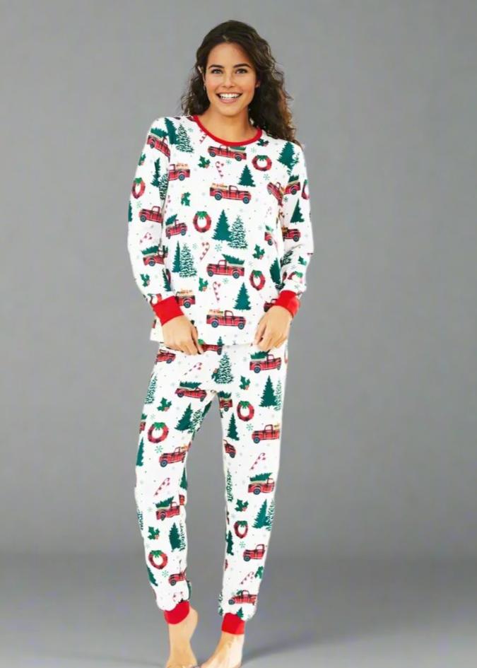 Christmas pajamas for the family with red truck, wreath, and green tree pattern