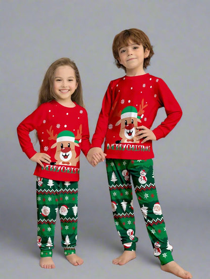 Happy family in red and green holiday pajamas set with reindeer design, perfect for Christmas Eve