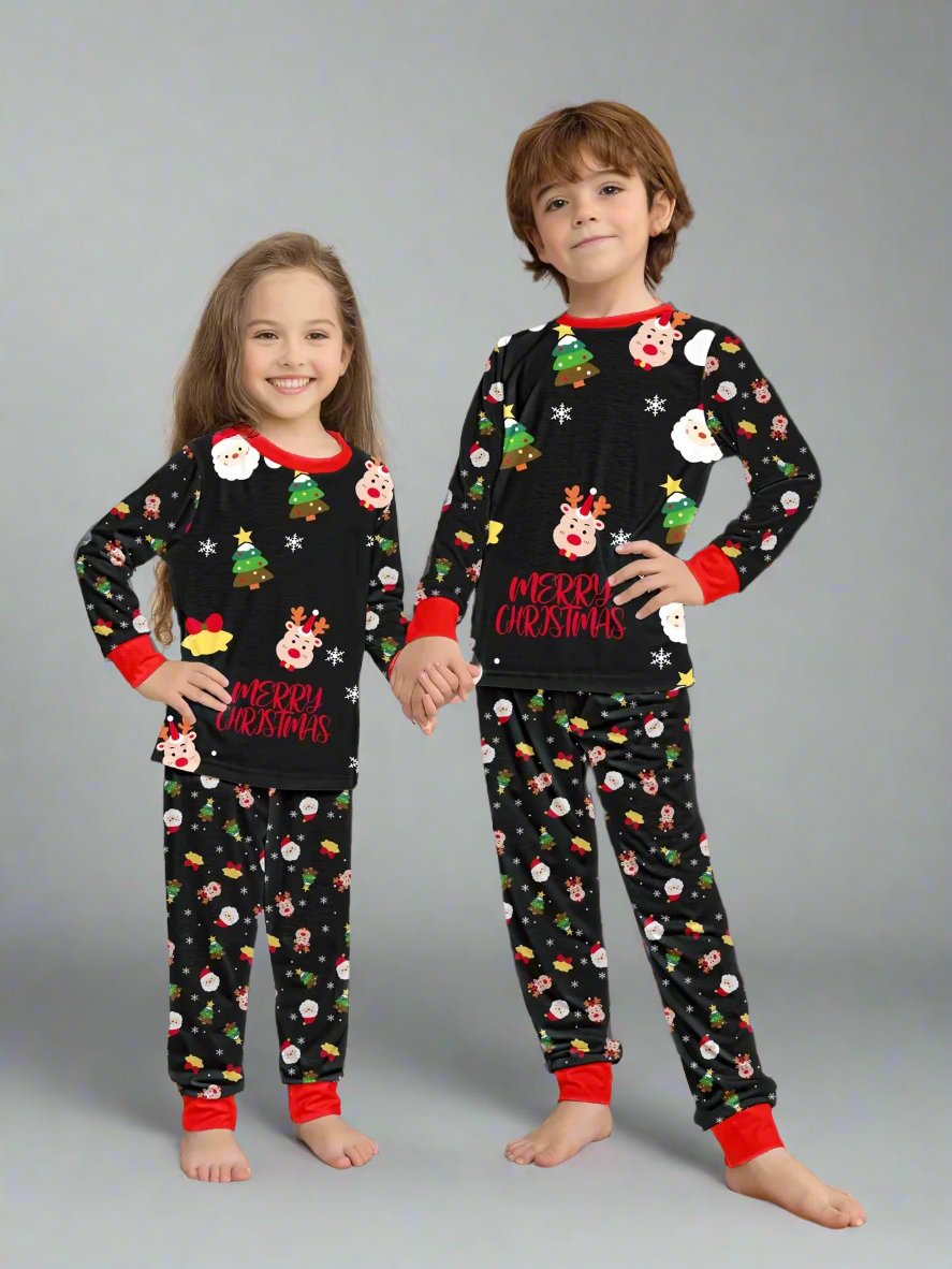 Cute family Christmas pajamas in red, white, and black with festive Santa Claus and holiday motifs