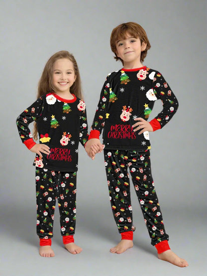 Cute family Christmas pajamas in red, white, and black with festive Santa Claus and holiday motifs