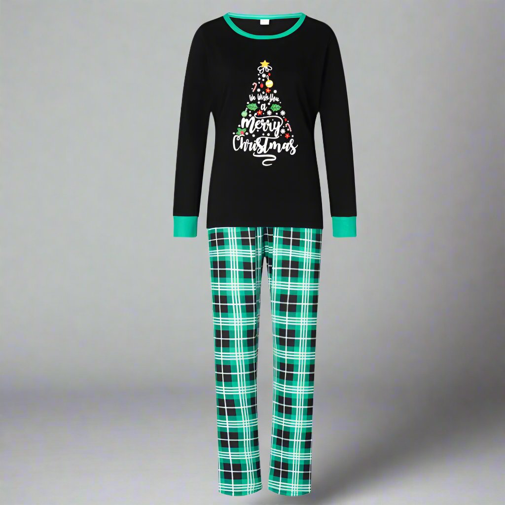 Family Christmas pajamas set featuring Merry Christmas text, black tops, and green plaid bottoms