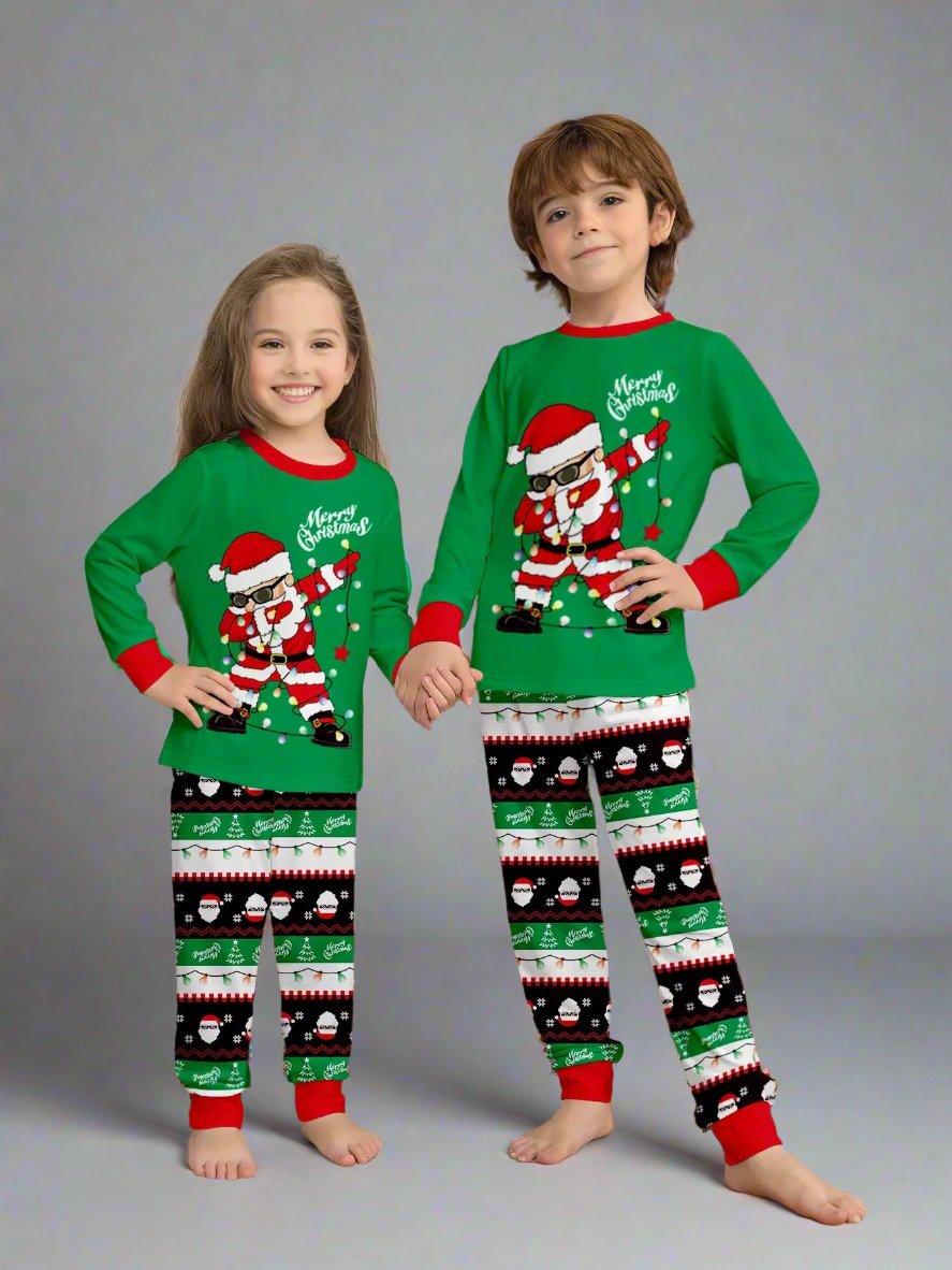 Festive dabbing Santa matching pajama set for the whole family with Christmas-themed pants