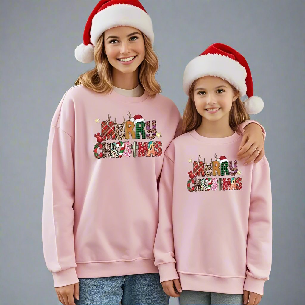 Matching family Christmas sweaters with holiday theme and Santa